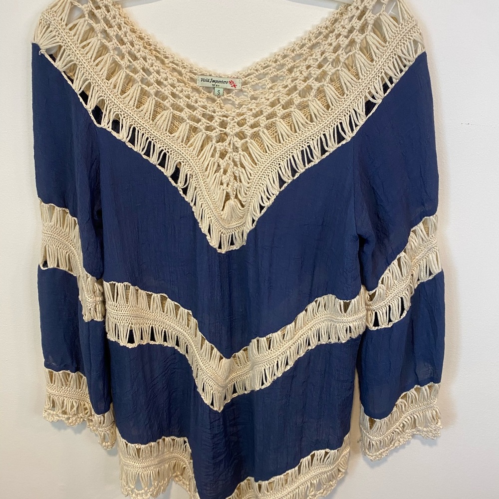 Vivid Importers of NY Woman Sz.S Navy, Light cotton gauze, ivory crochet accents